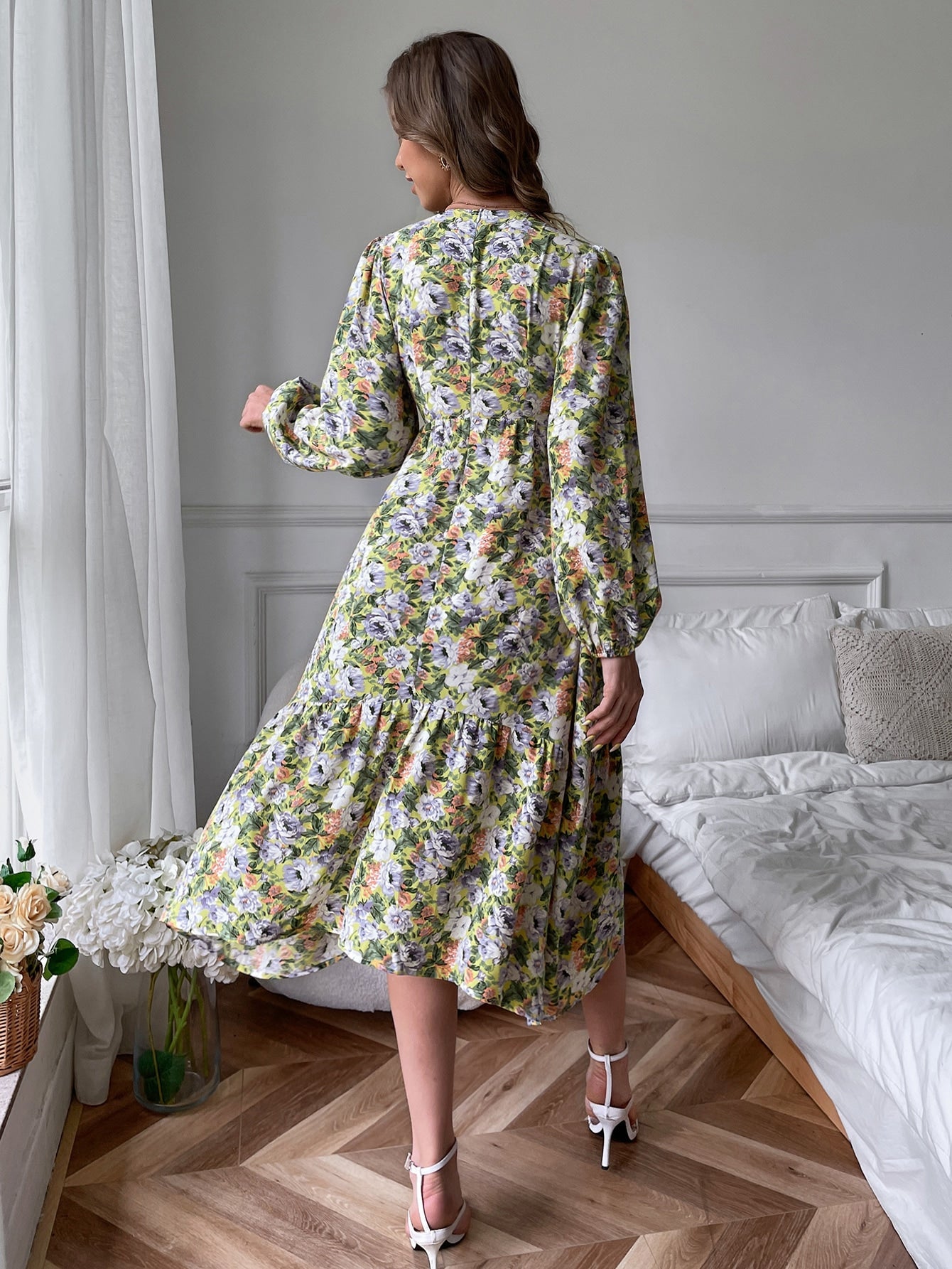 Allover Floral Bishop Sleeve Ruffle Hem Dress