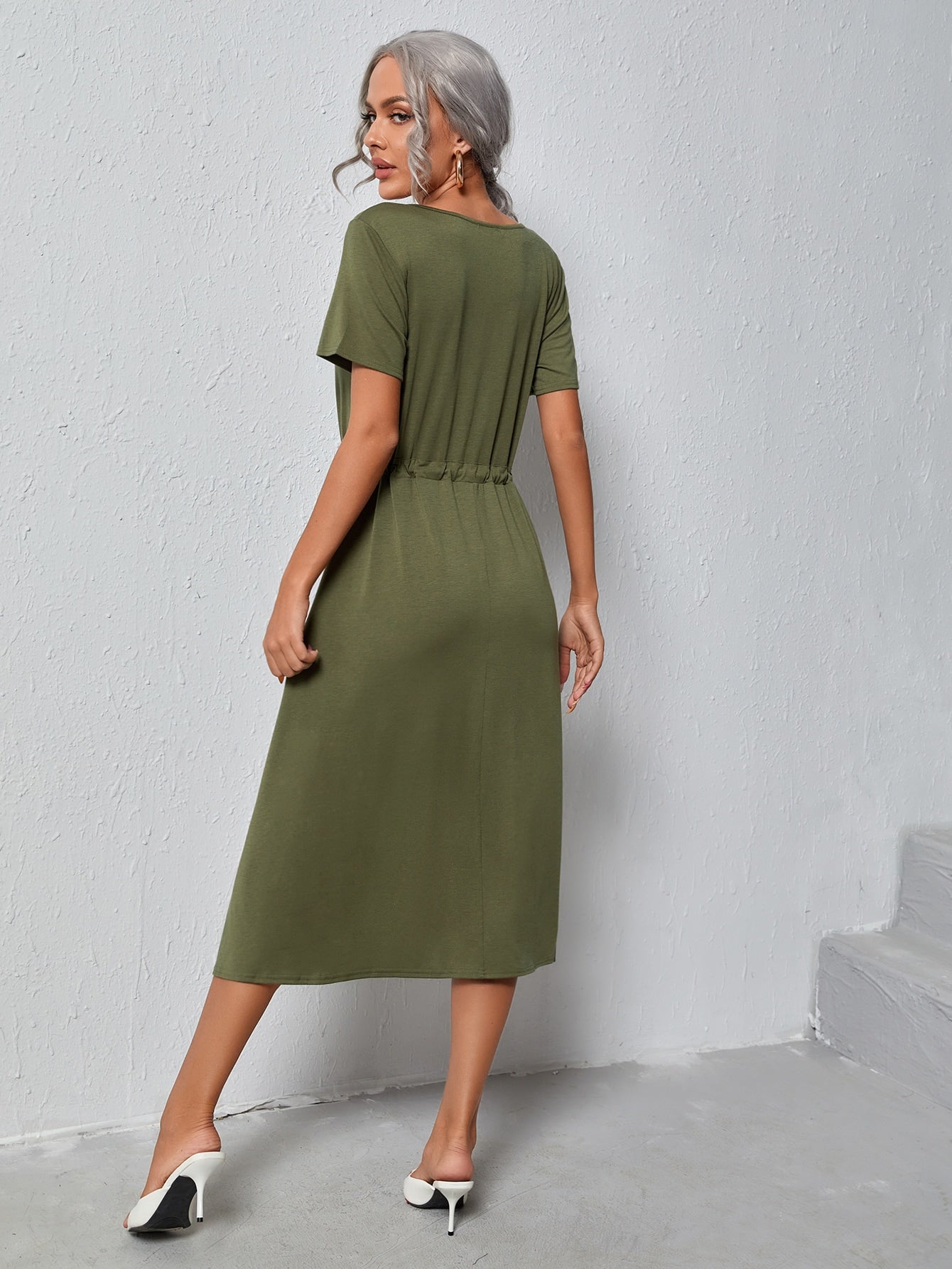 Solid V-neck Drawstring Waist Dress