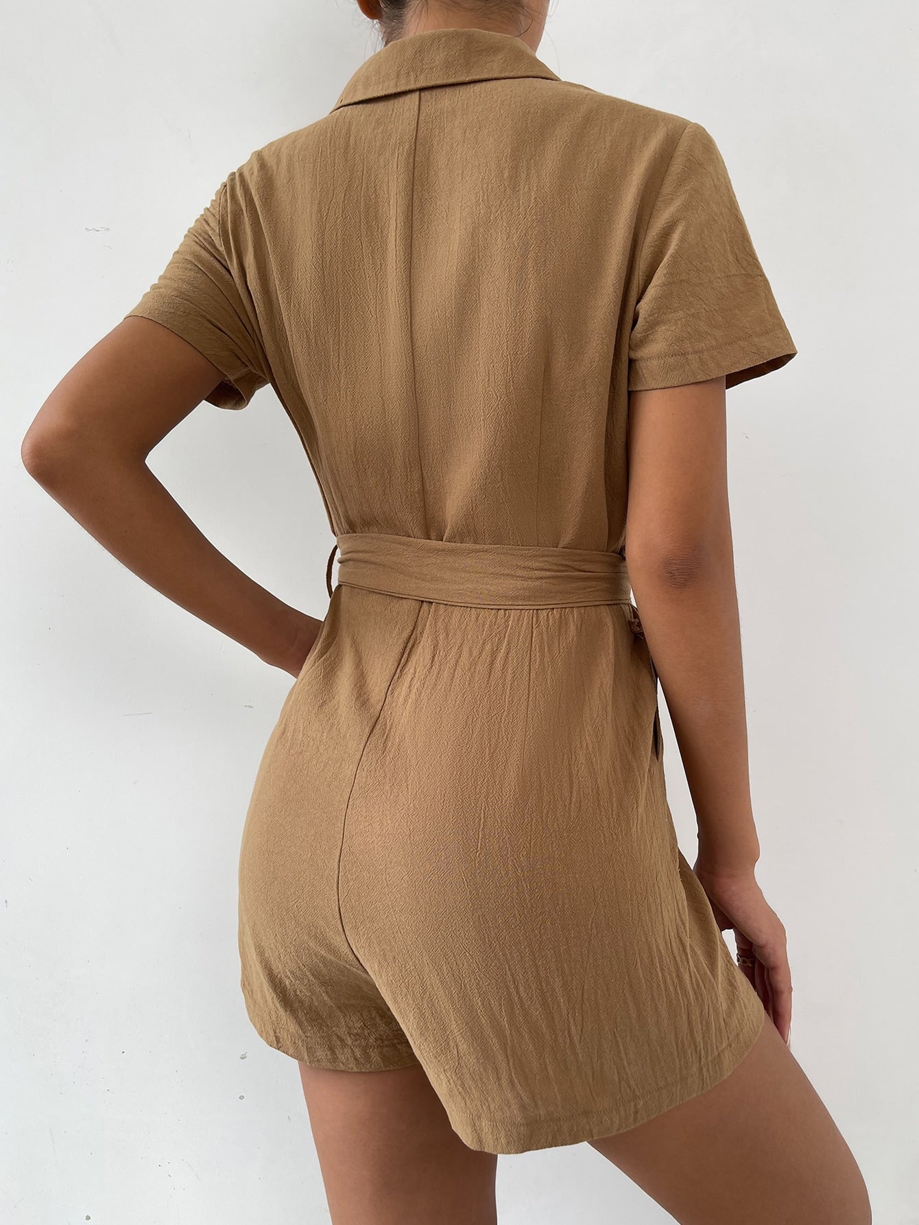Dual Pocket Lapel Neck Belted Shirt Romper