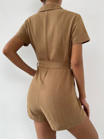 Dual Pocket Lapel Neck Belted Shirt Romper