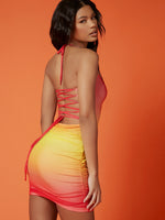 Ombre Lace Up Backless Ruched Mesh Halter Bodycon Dress