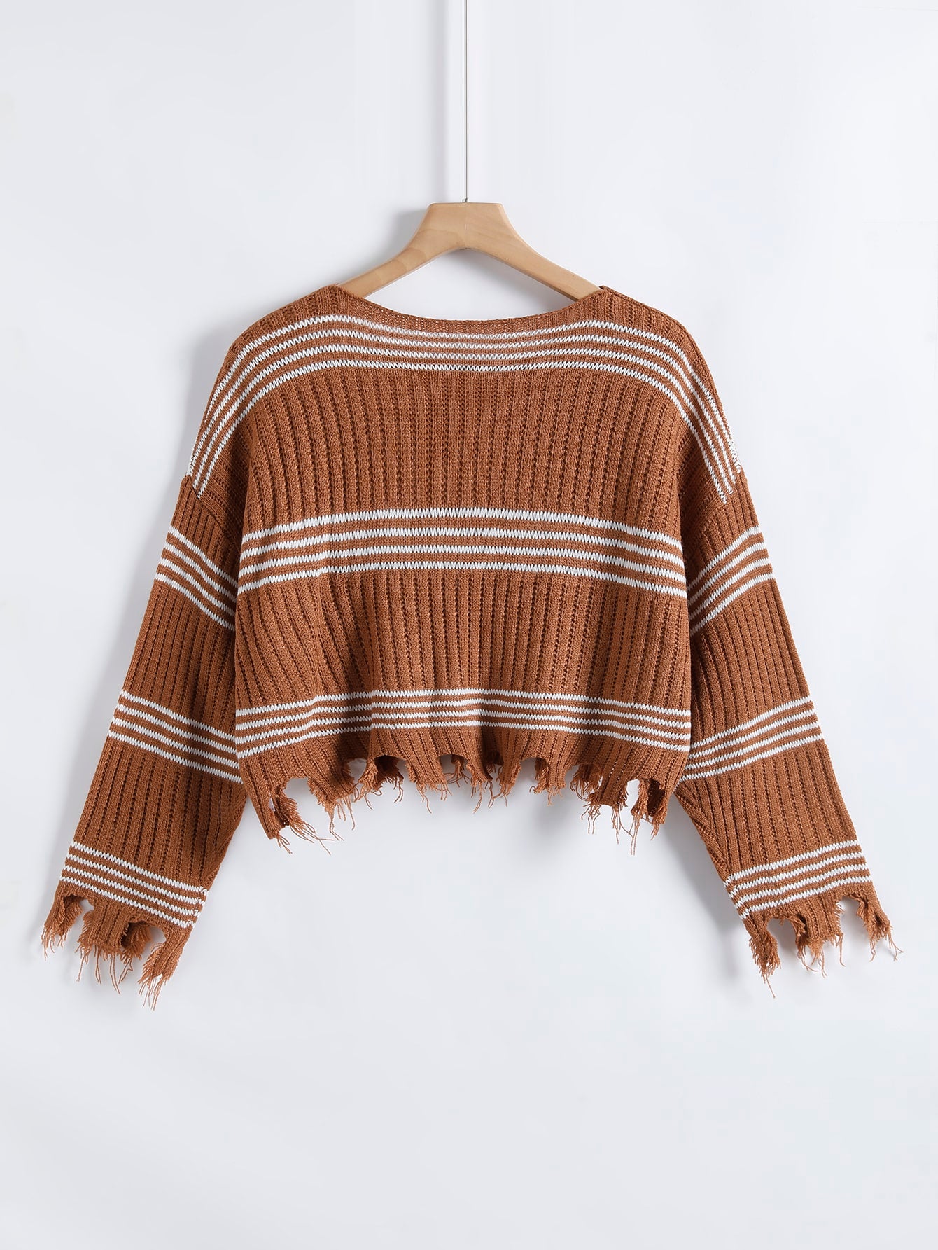 Stripe Pattern Frayed Trim Drop Shoulder Sweater
