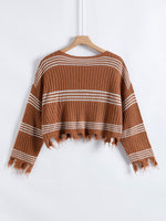 Stripe Pattern Frayed Trim Drop Shoulder Sweater