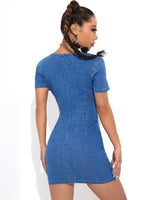 Plunging Neck Cut Out Front Bodycon Denim Dress