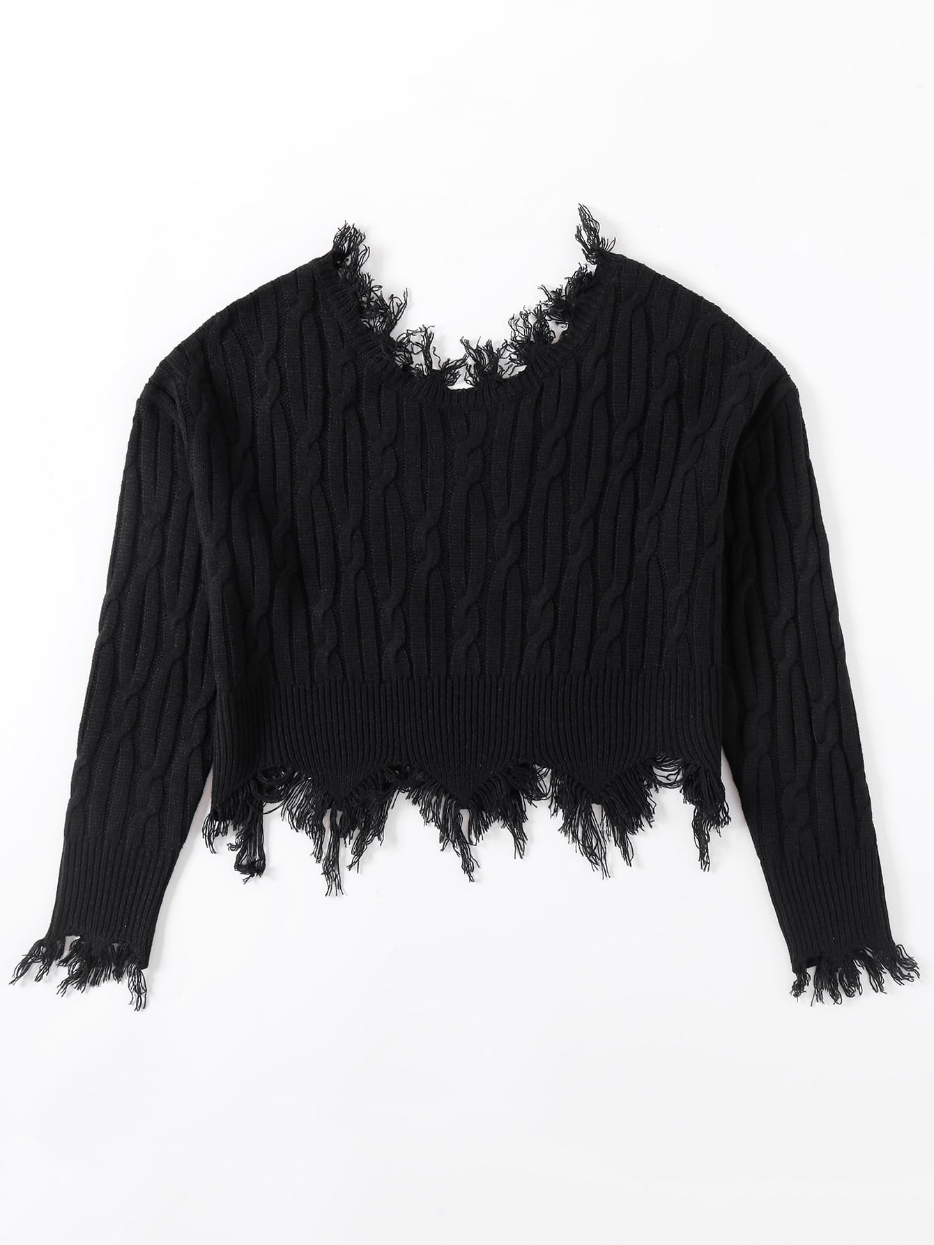 Cable Knit Frayed Trim Irregular Hem Sweater
