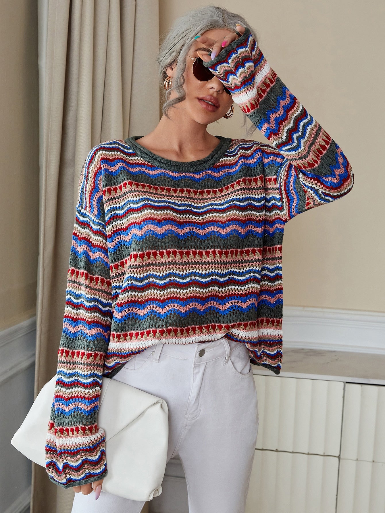 Round Neck Striped Pattern Drop Shoulder Sweater