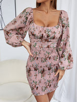Floral Print Tie Back Shirred Frill Trim Dress
