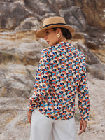 Geo Print Button Up Lapel Collar Blouse