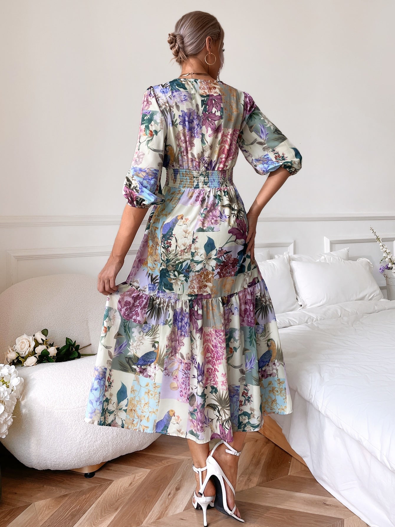 Floral Print Split Thigh Ruffle Hem Dress