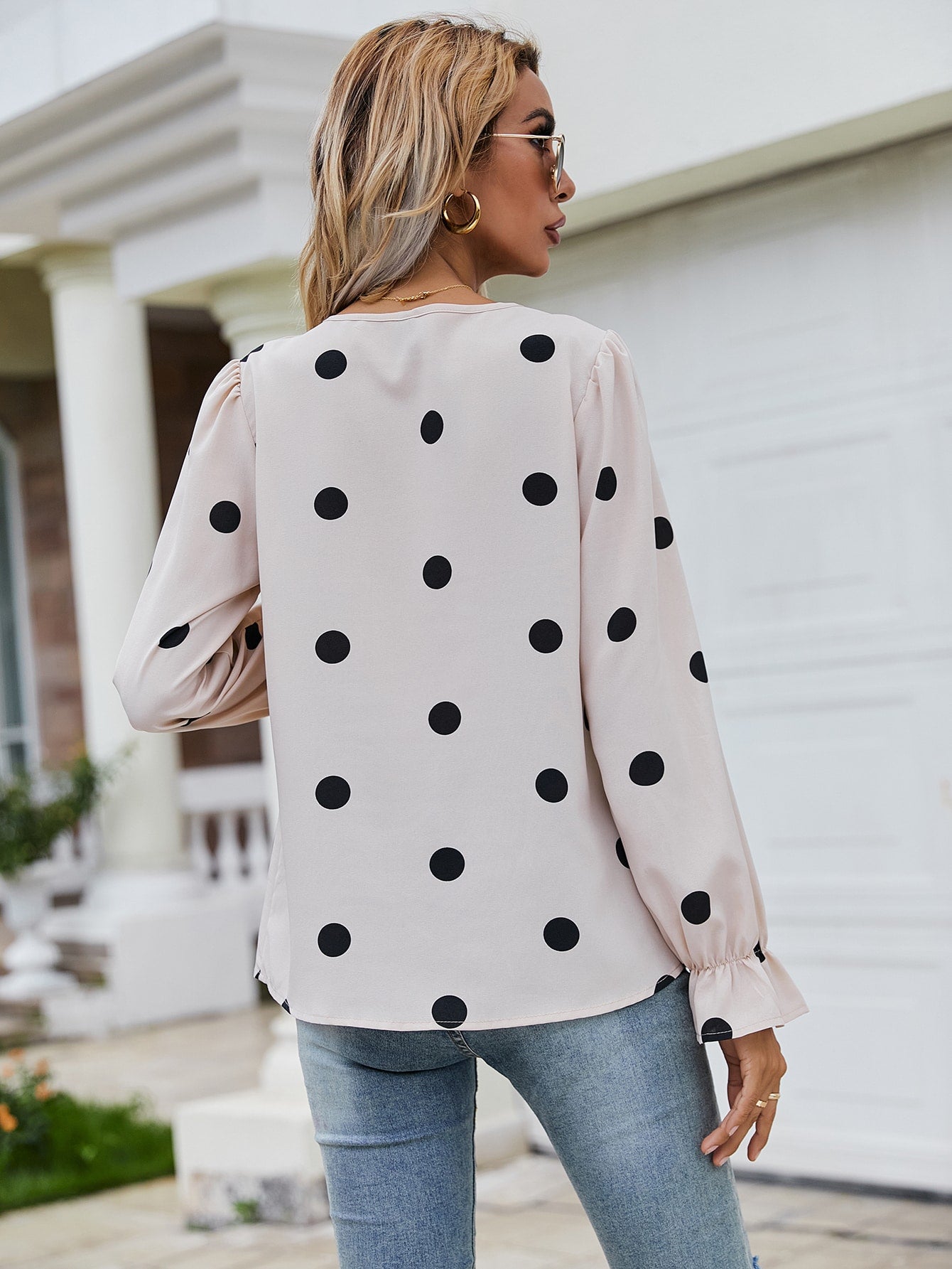 Polka Dot Print Flounce Sleeve Button Front Blouse