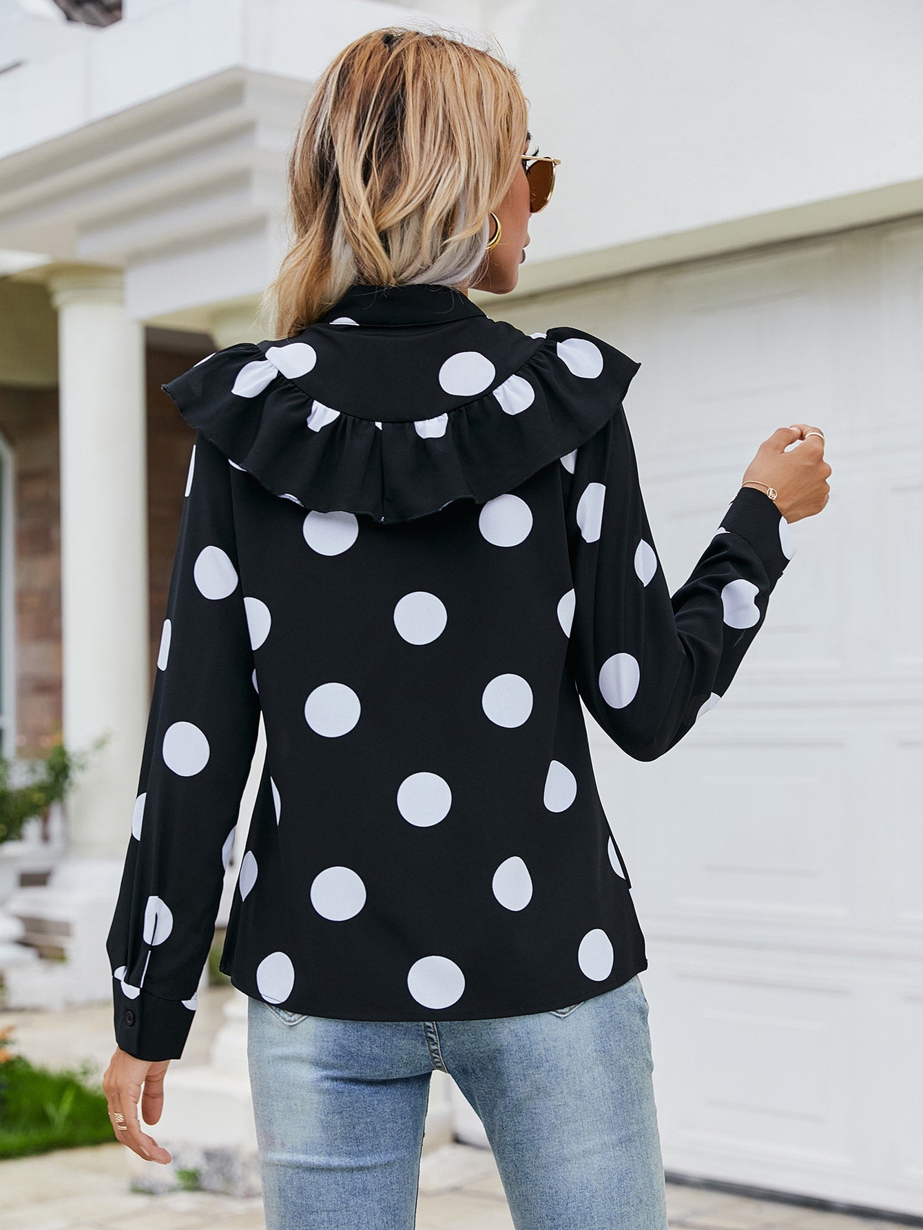 Polka Dot Print Ruffle Trim Half Button Blouse