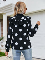 Polka Dot Print Ruffle Trim Half Button Blouse