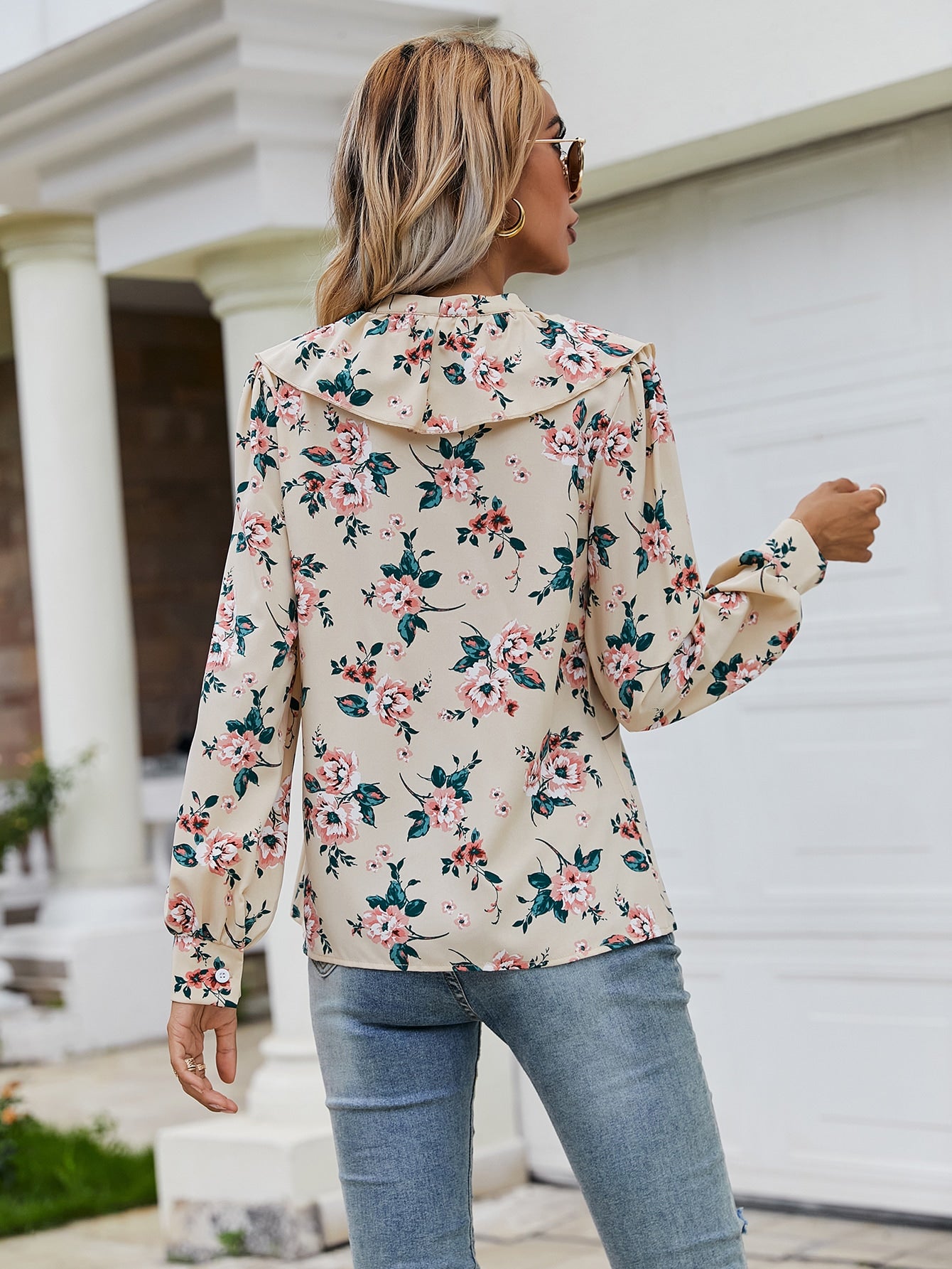 Floral Print Ruffle Trim Button Front Blouse