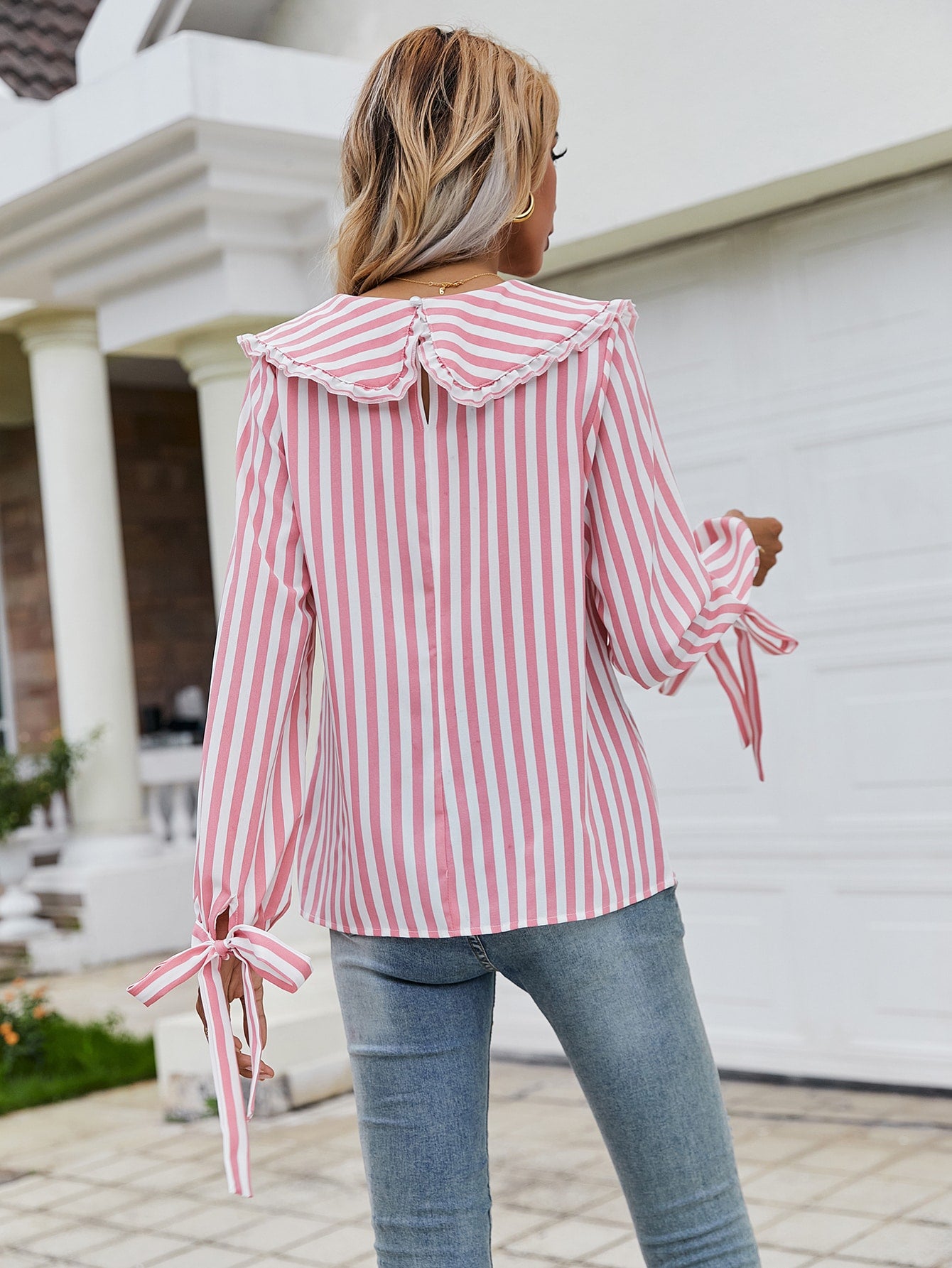 Peter Pan Collar Knotted Cuff Striped Blouse