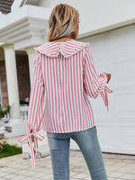 Peter Pan Collar Knotted Cuff Striped Blouse