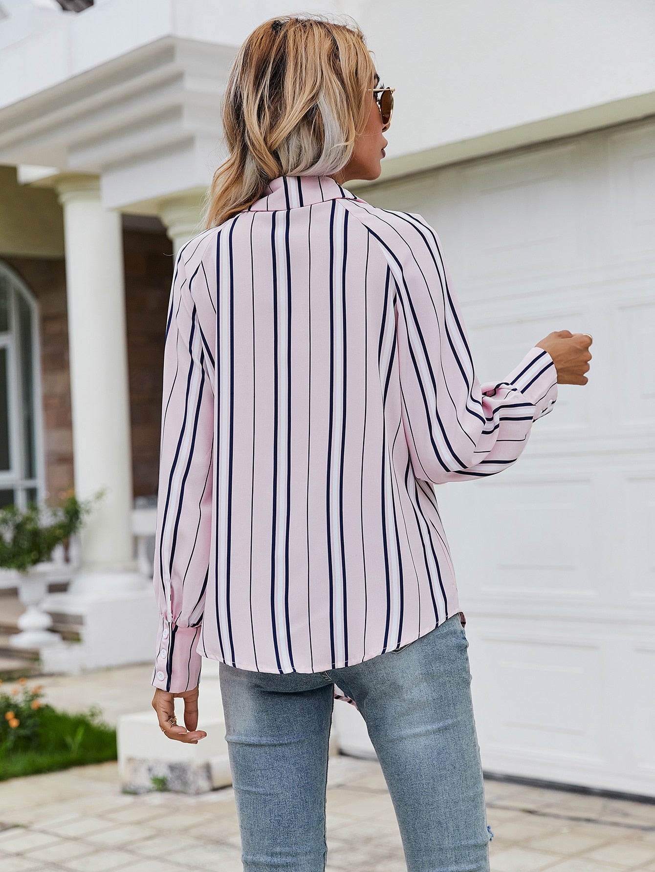 Pocket Patched Button Up Striped Blouse