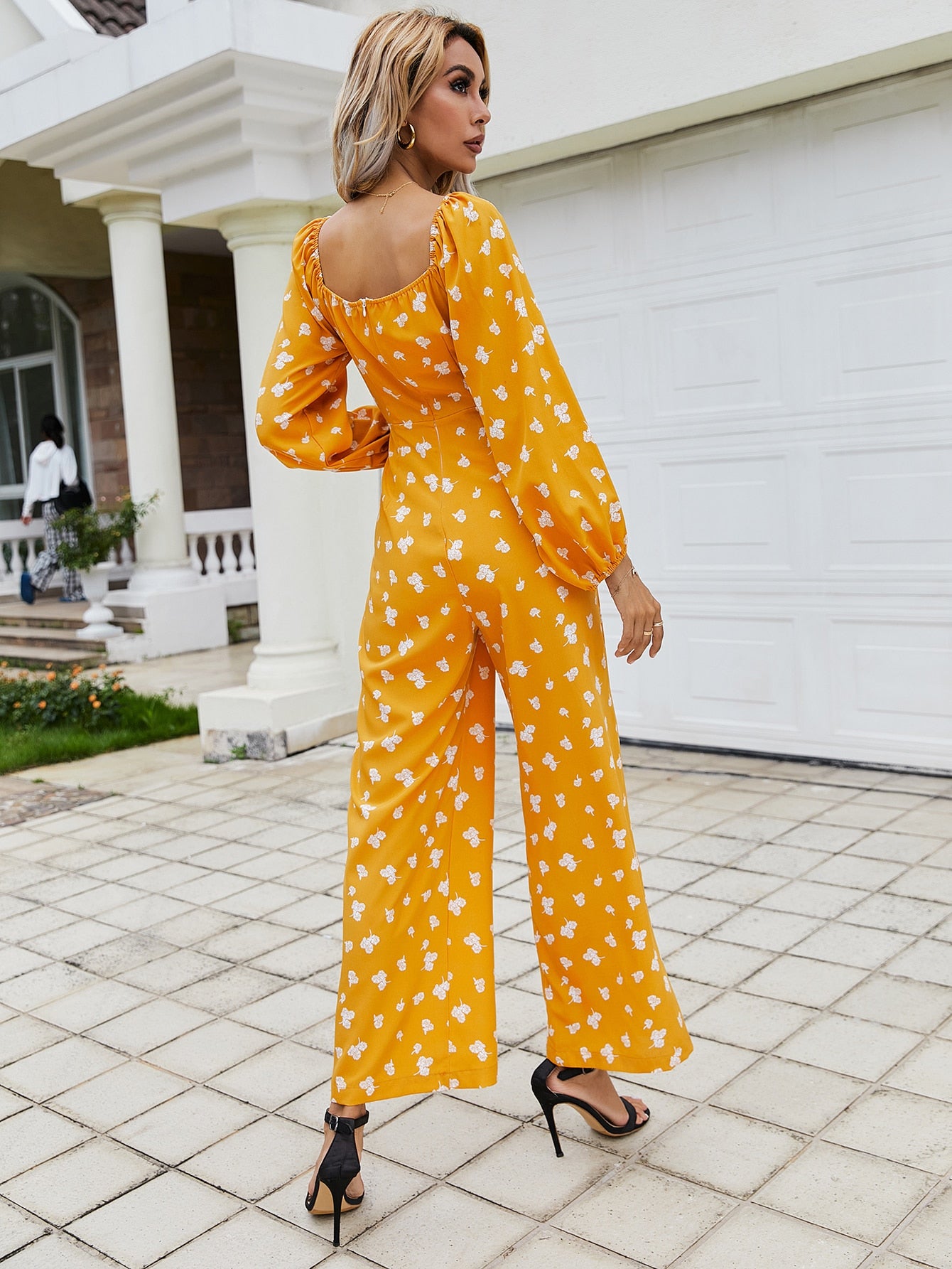 Allover Floral Print Bishop Sleeve Culottes Jumpsuit