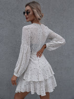 Four-pointed Star Print Lantern Sleeve Layer Ruffle Hem Belted Dress