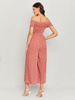 Ditsy Floral Print Off Shoulder Belted Shirred Jumpsuit