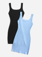 2pcs Solid Ribbed Knit Tank Dress