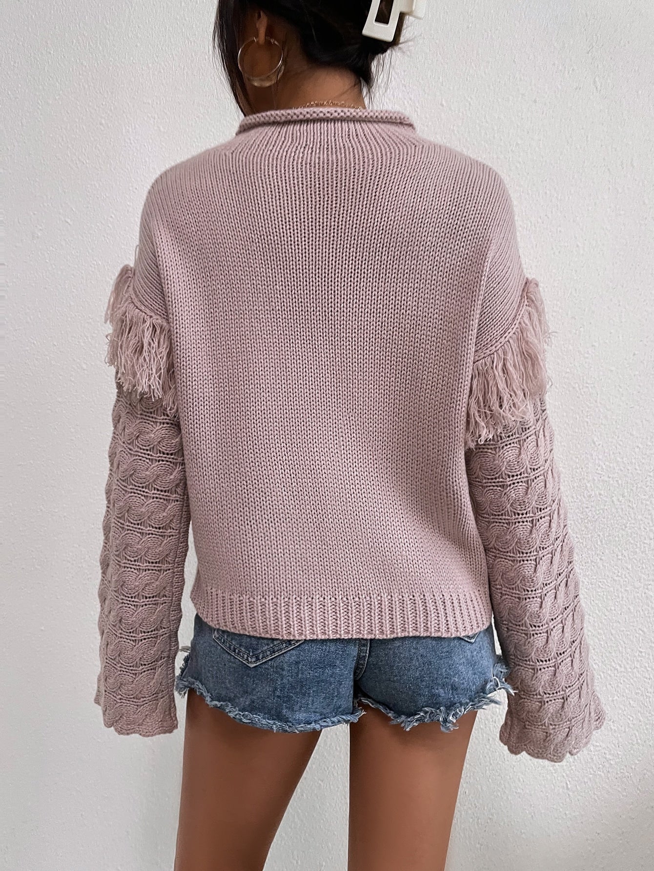Cable Knit Fringe Trim Drop Shoulder Sweater