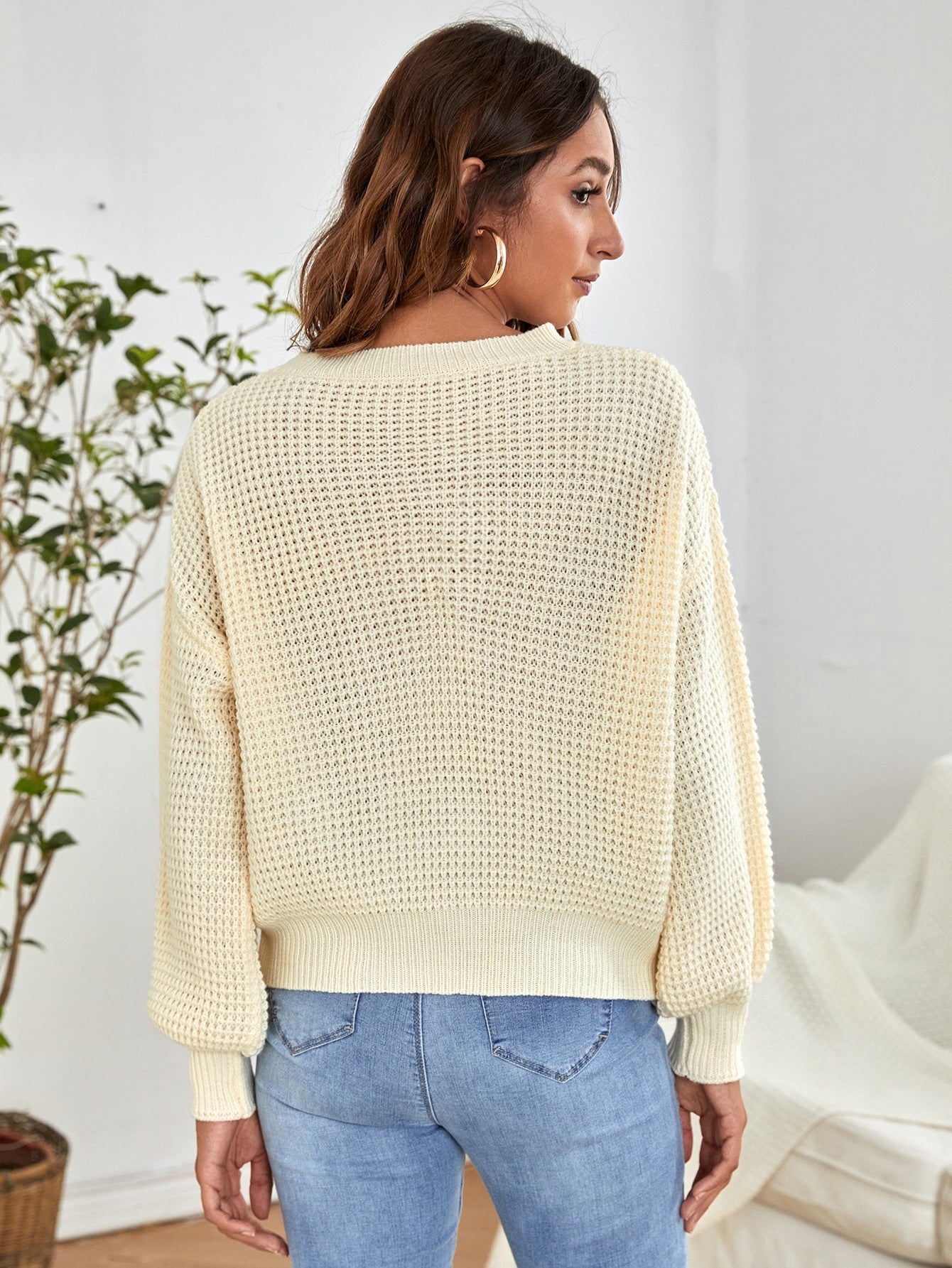 Drop Shoulder Waffle Knit Sweater