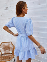 Striped Puff Sleeve Ruffle Hem Belted Dress