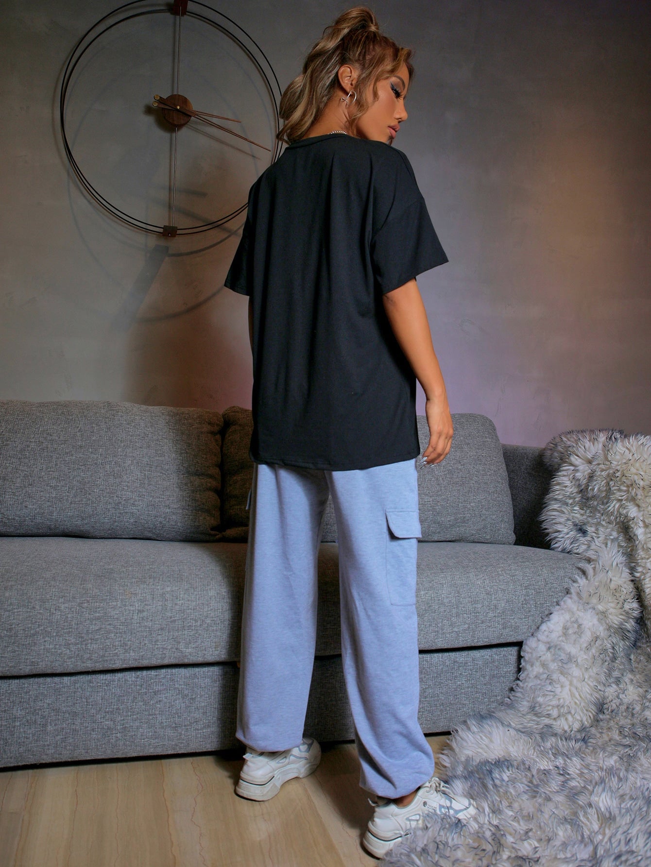 Reflective Cat Print Drop Shoulder Top