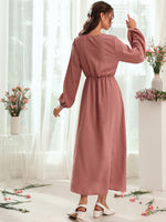 Swiss Dot V Neck Bishop Sleeve Dress