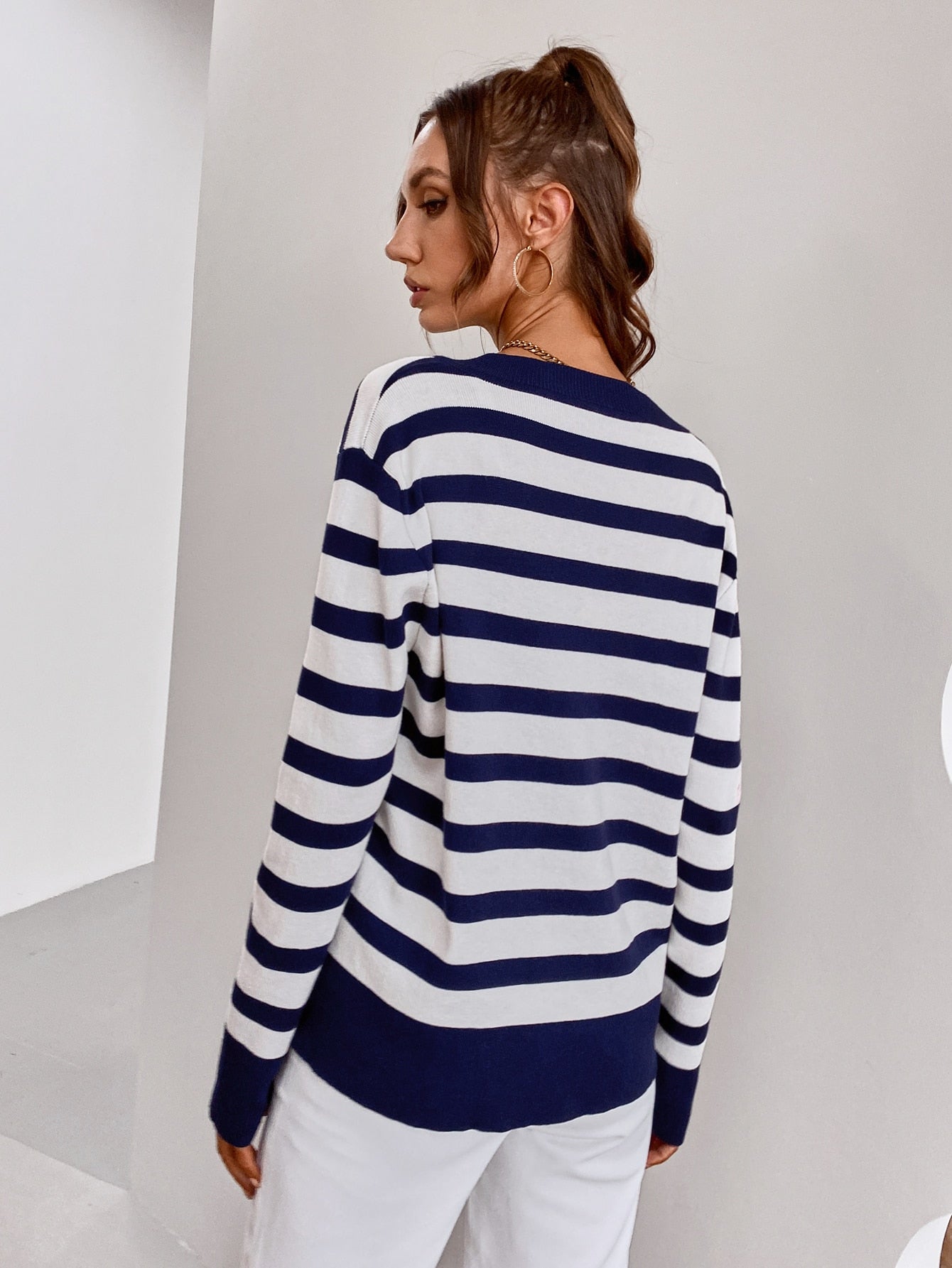 V-neck Drop Shoulder Two Tone Striped Sweater