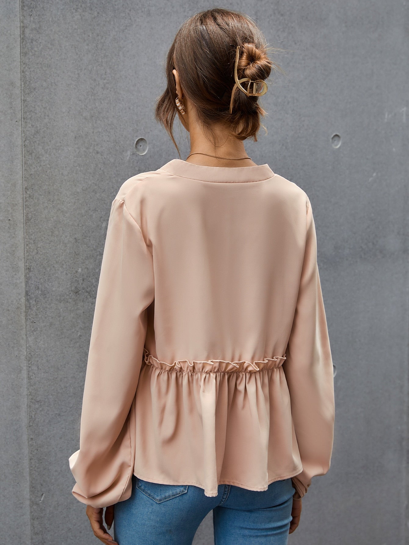 Solid Bishop Sleeve Ruffle Trim Blouse