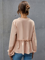 Solid Bishop Sleeve Ruffle Trim Blouse