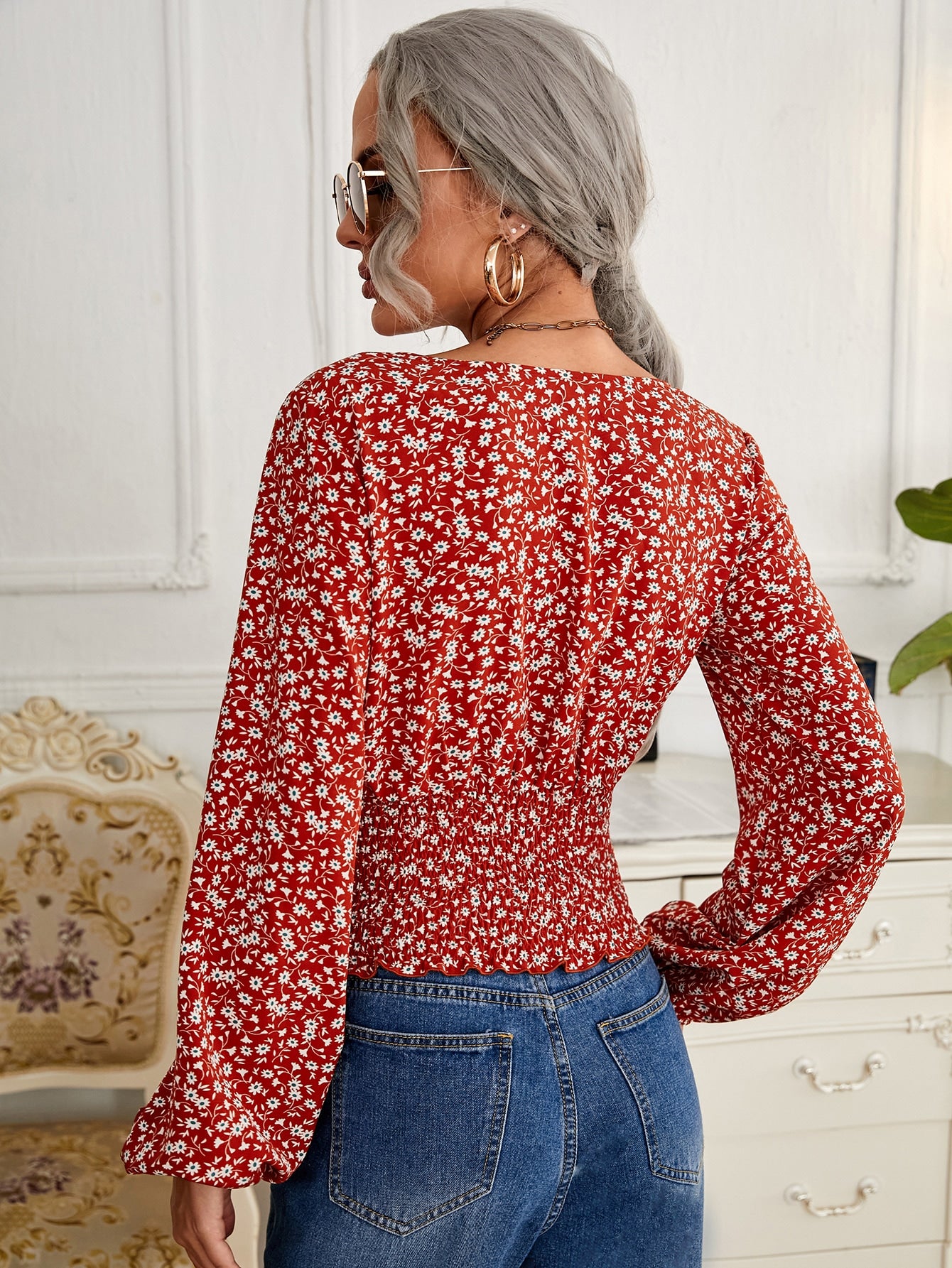 Ditsy Floral Shirred Hem Blouse