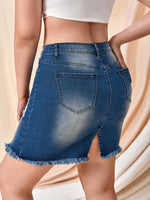Plus Slant Pocket Ripped Raw Cut Bodycon Denim Skirt