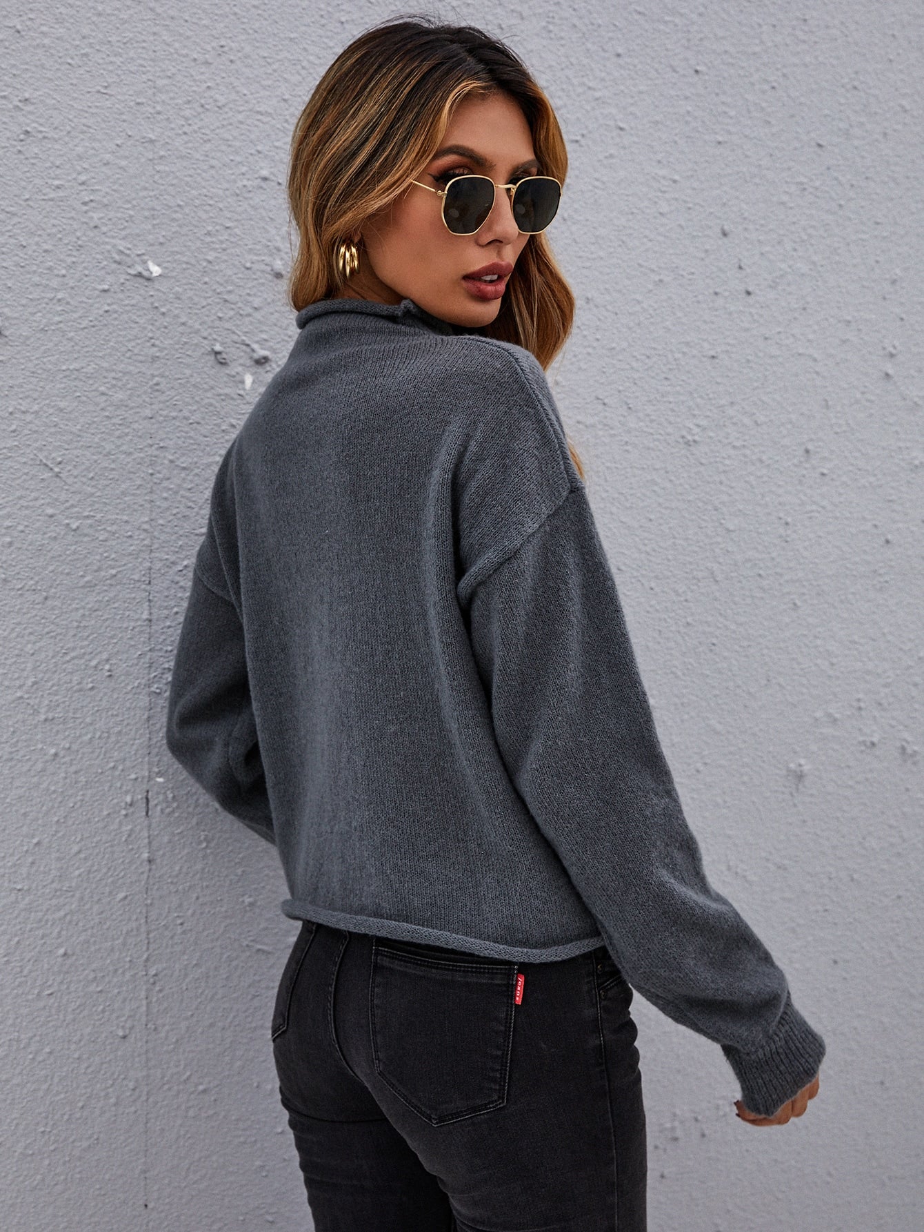Funnel Neck Drop Shoulder Sweater