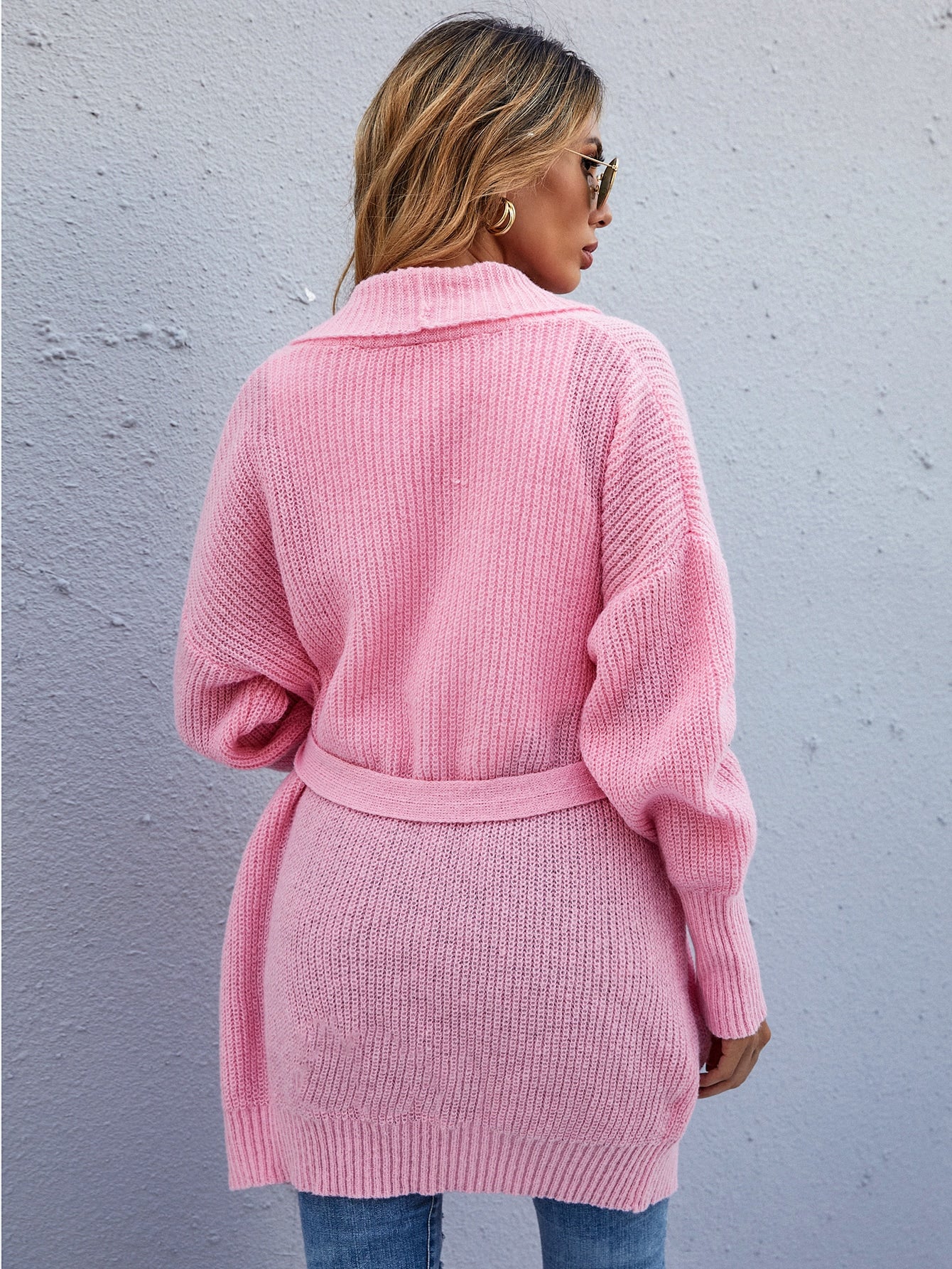 Drop Shoulder Rib-knit Belted Cardigan