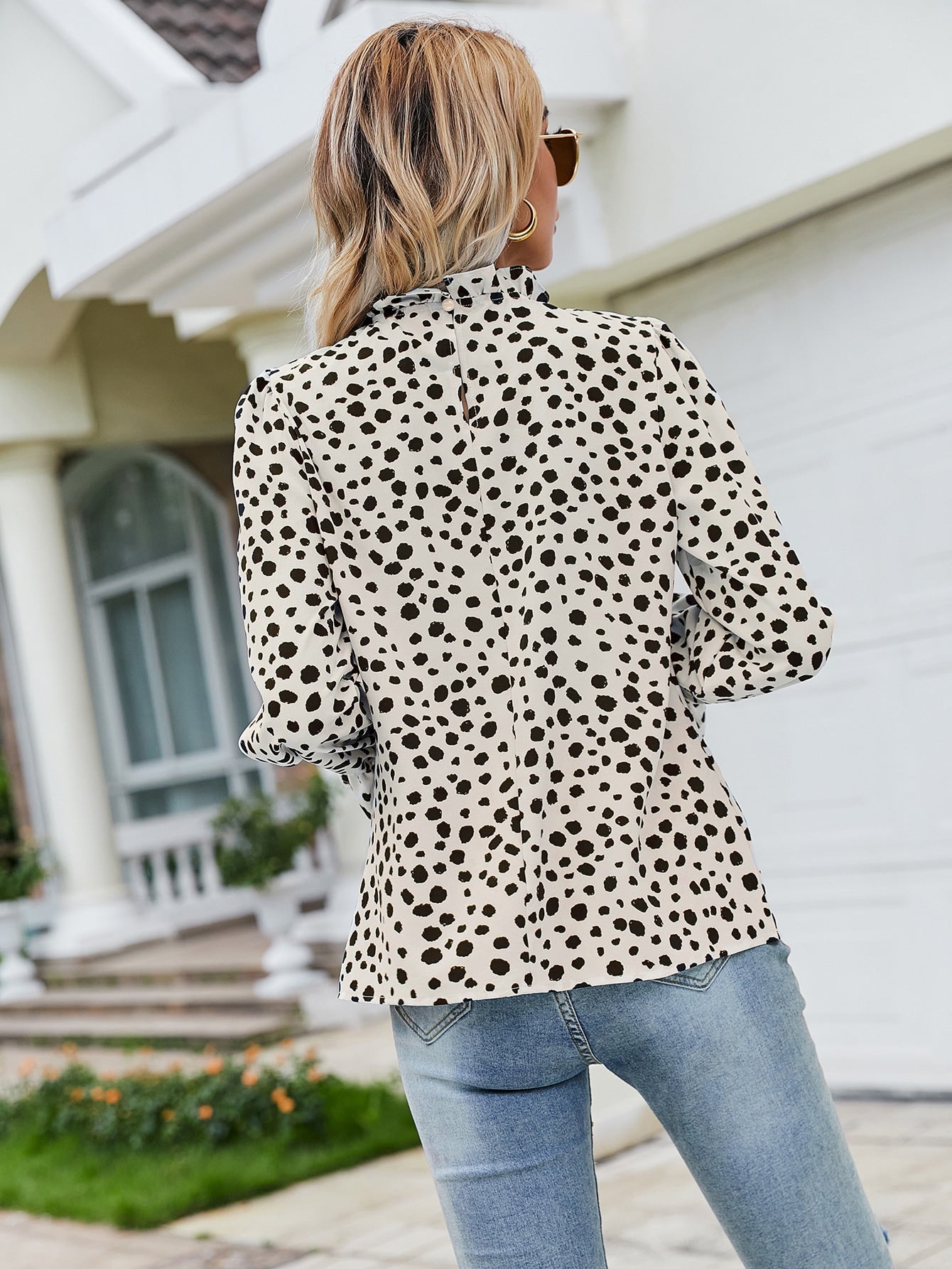 Ruffle Neck Dalmatian Print Flounce Sleeve Top