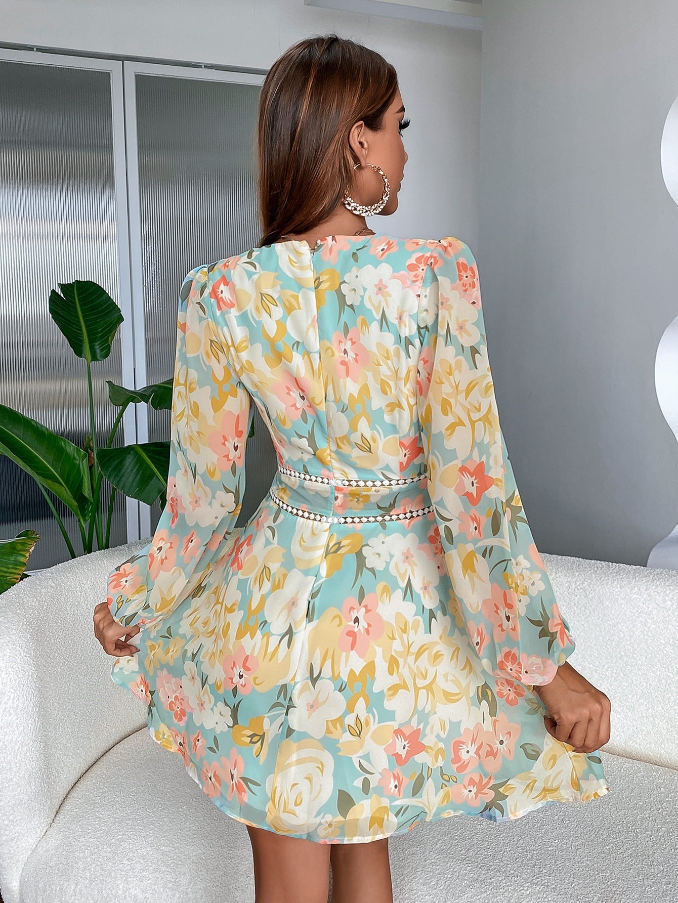 Floral Print Lantern Sleeve A-Line Dress
