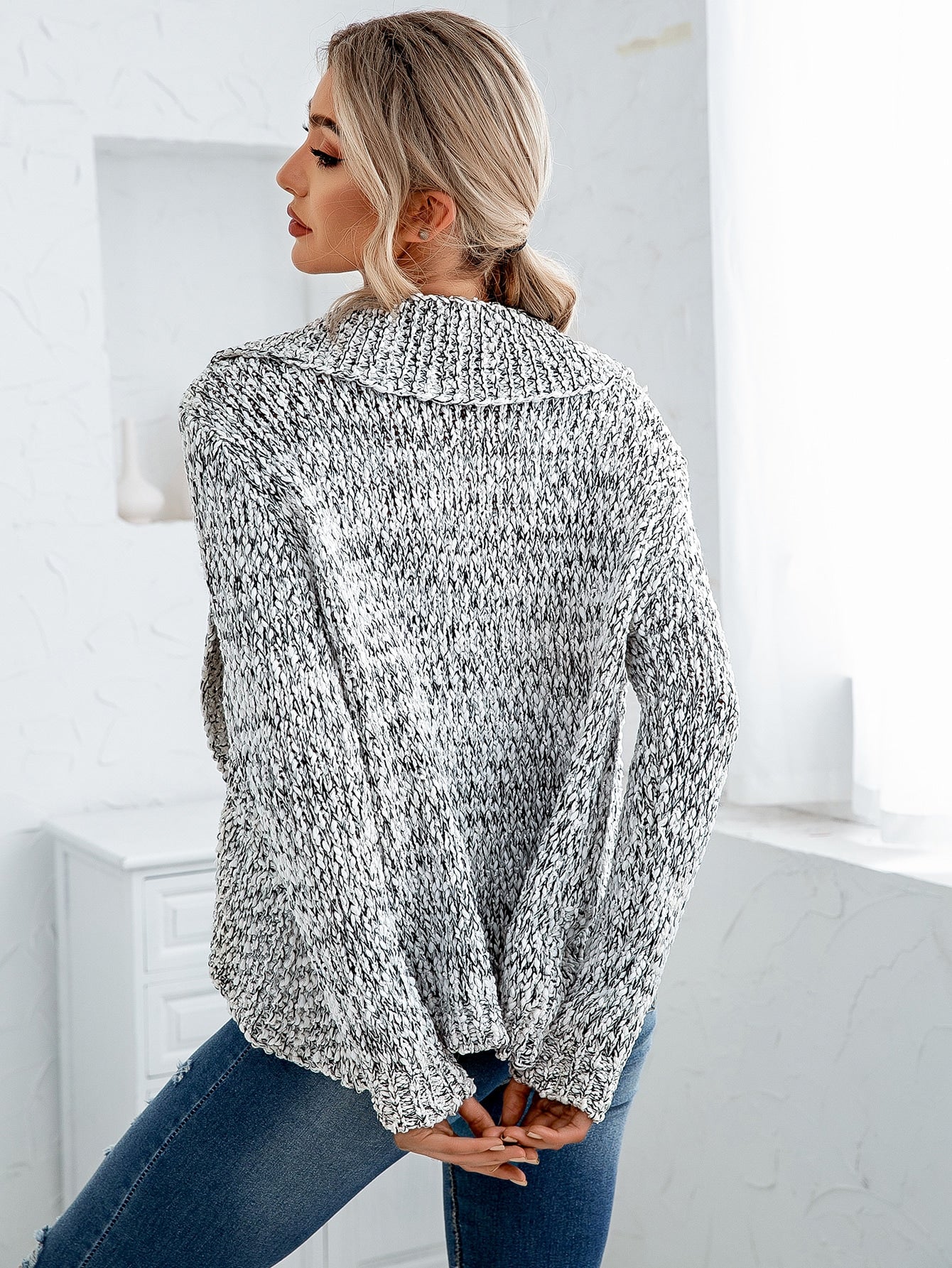 Shawl Neck Marled Knit Open Front Cardigan