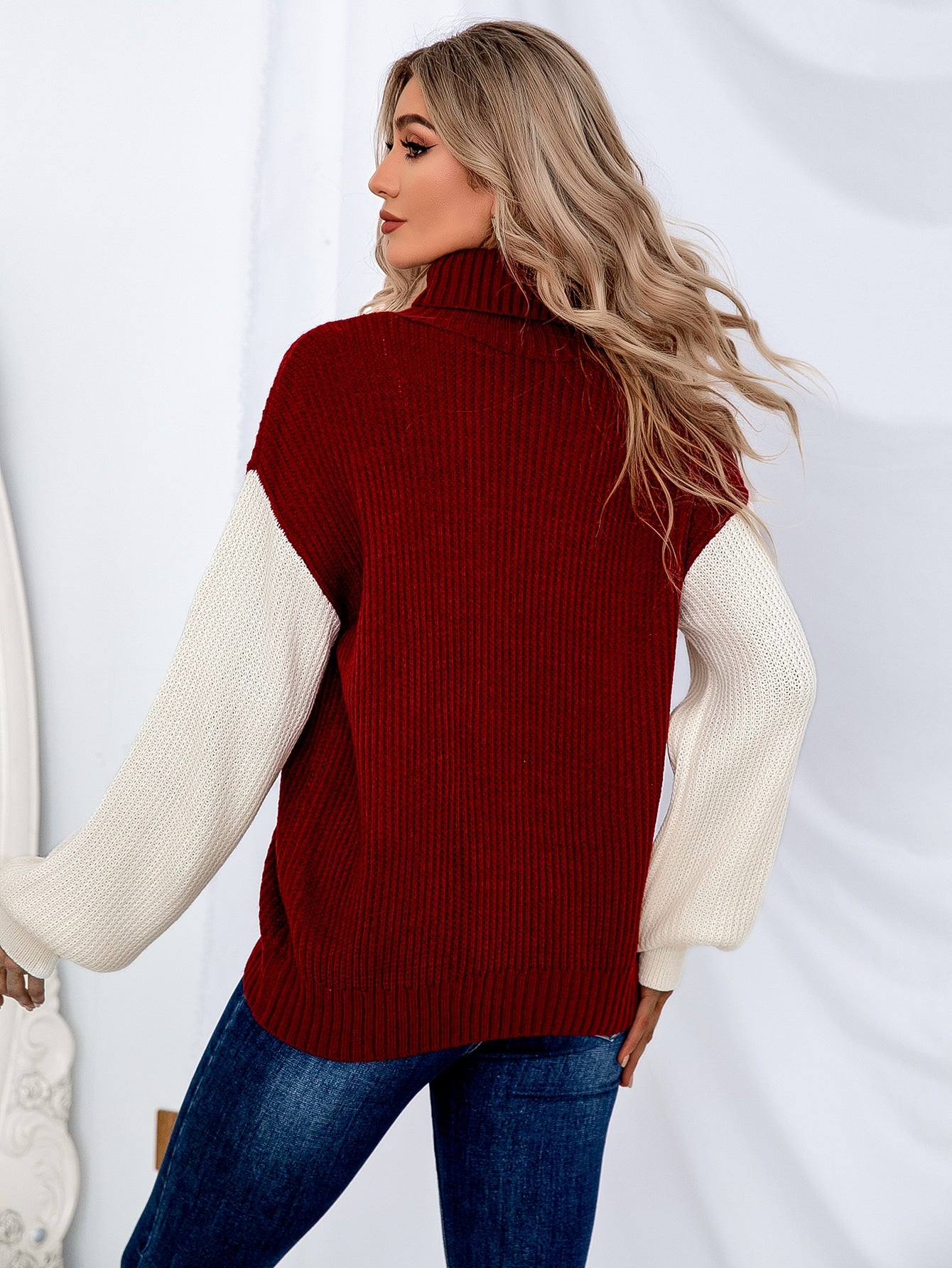Turtleneck Color Block Ribbed Knit Sweater