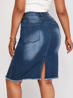 Plus Slant Pocket Ripped Raw Cut Denim Skirt