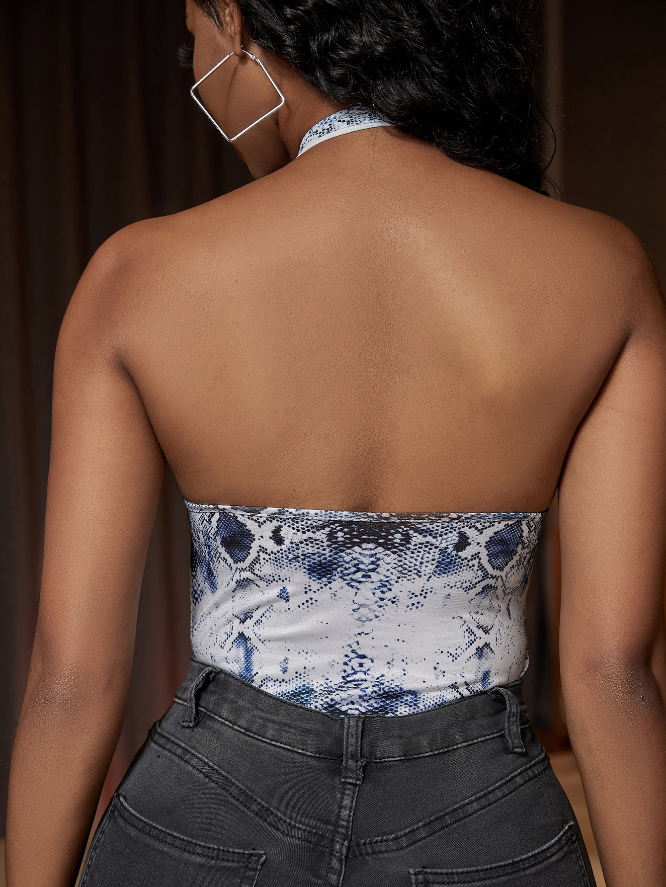 Snakeskin Print Cross Wrap Backless Halter Bodysuit