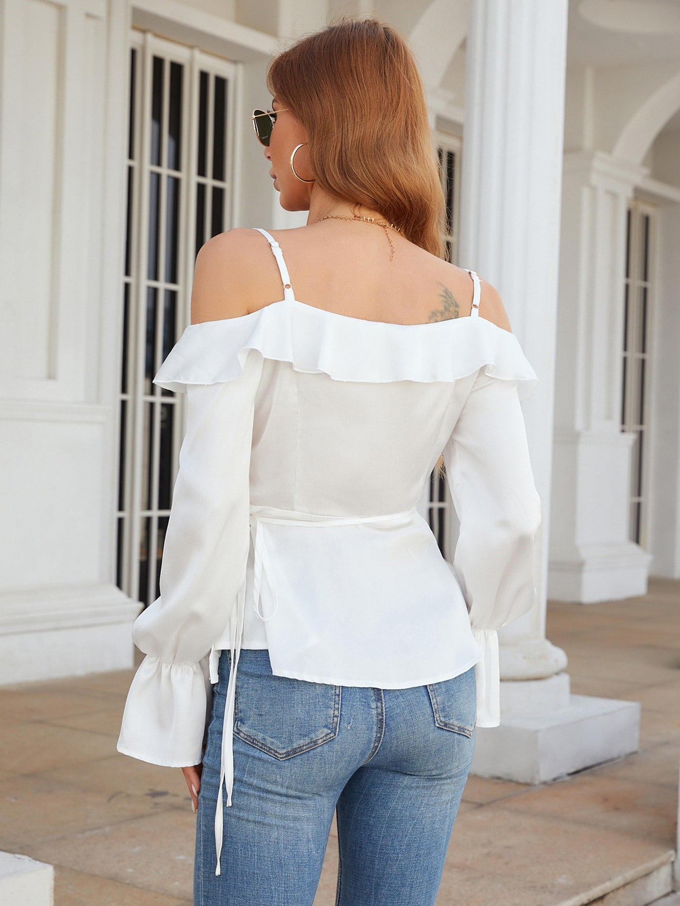 Cold Shoulder Flounce Sleeve Ruffle Trim Blouse
