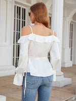 Cold Shoulder Flounce Sleeve Ruffle Trim Blouse
