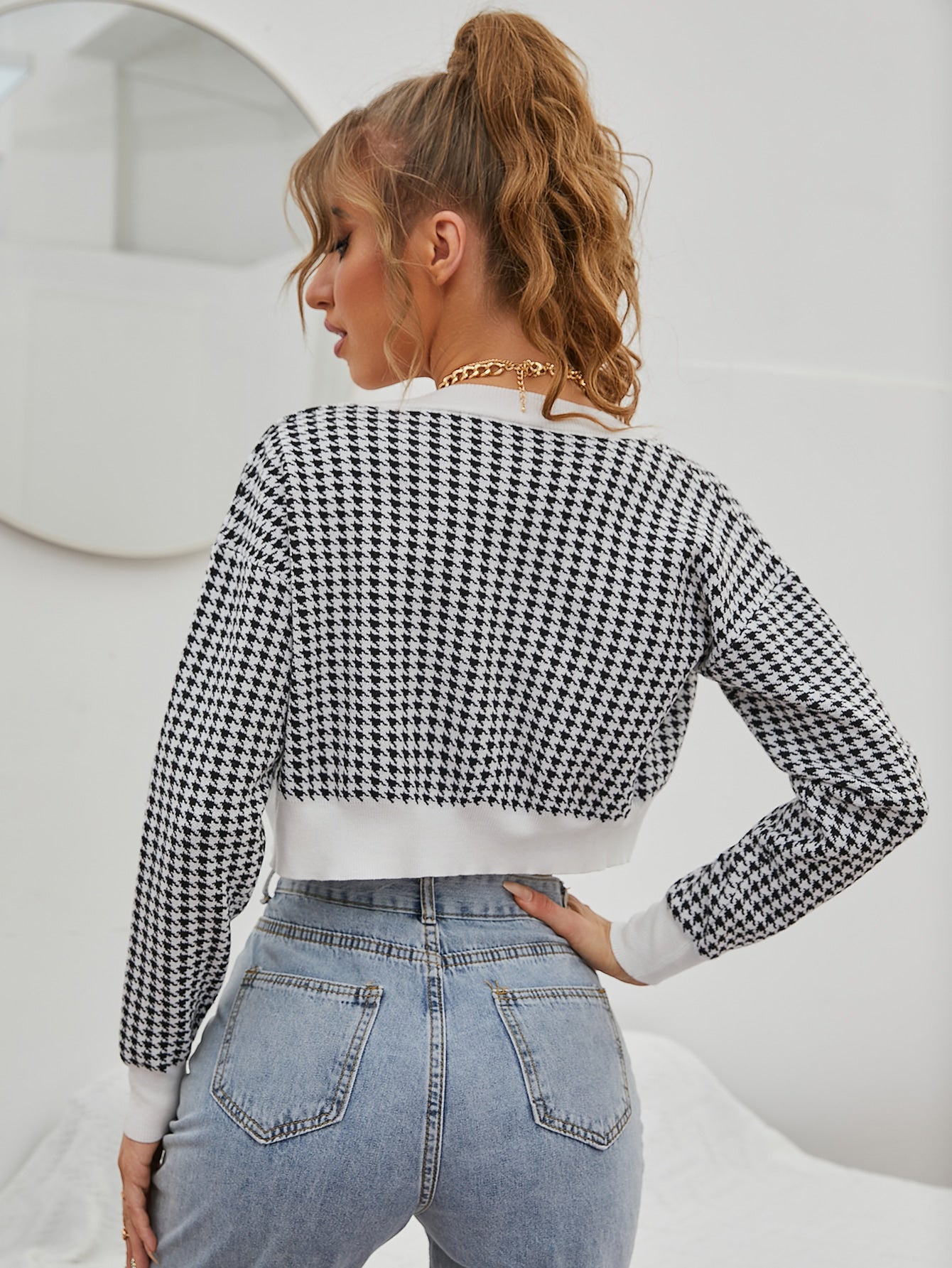 Houndstooth Pattern Contrast Trim Crop Cardigan