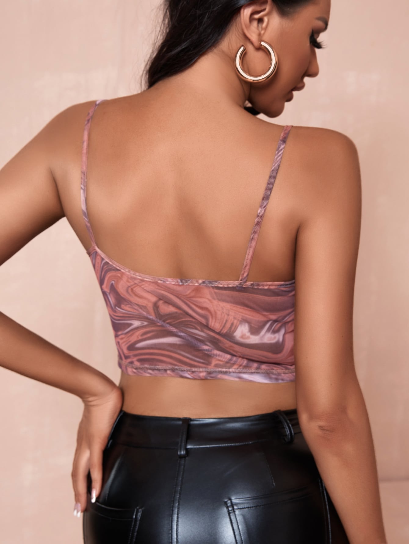 Marble Print Draped Front Crop Mesh Cami Top