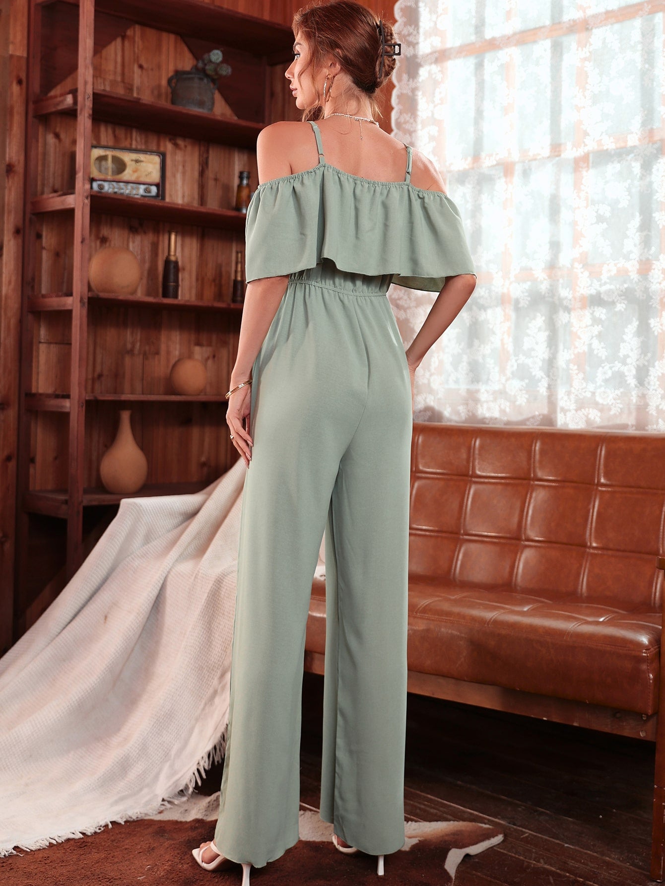 Cold Shoulder Ruffle Trim Wide Leg Jumpsuit