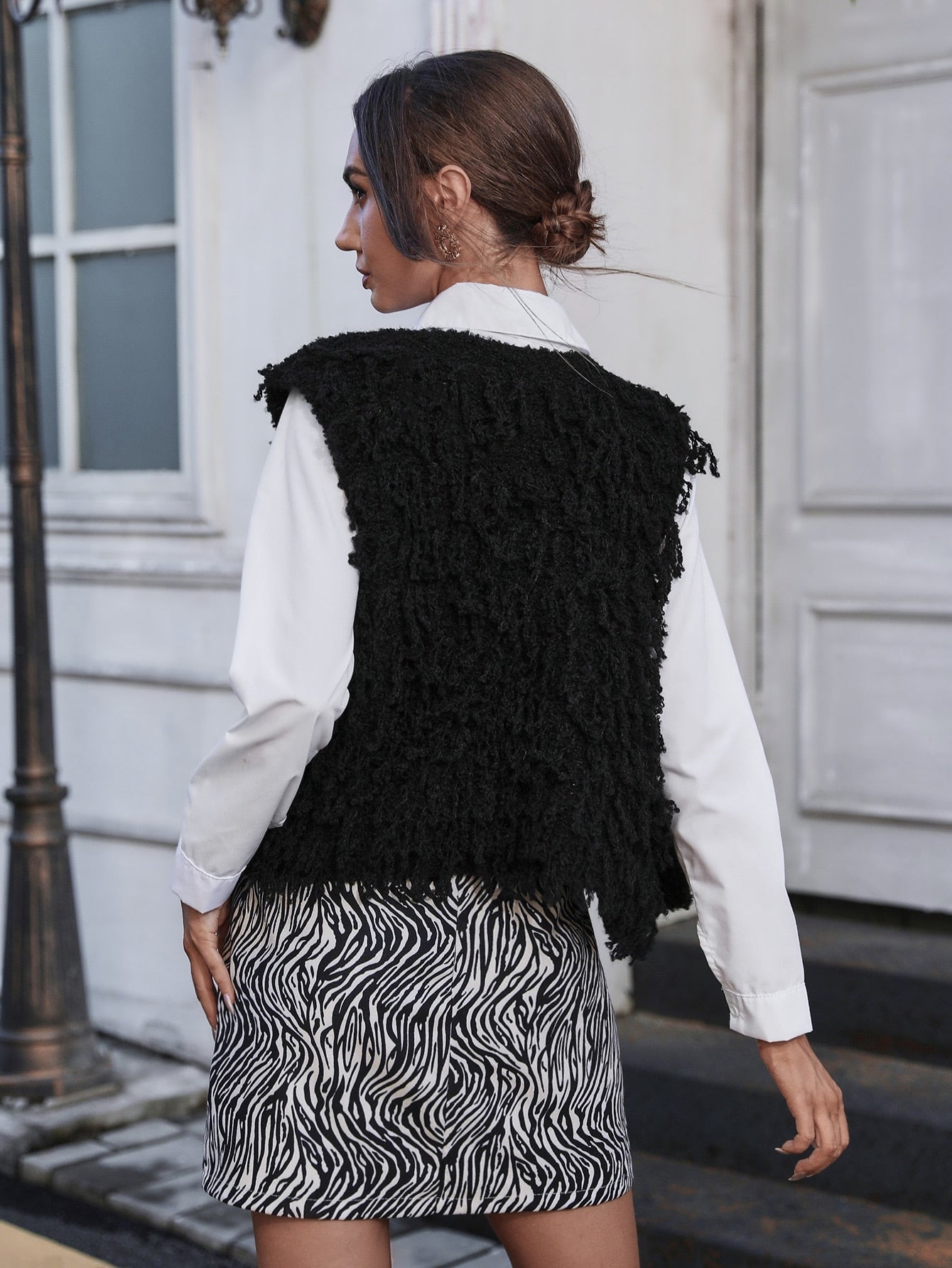 Solid Shaggy Knit Sleeveless Cardigan Without Blouse