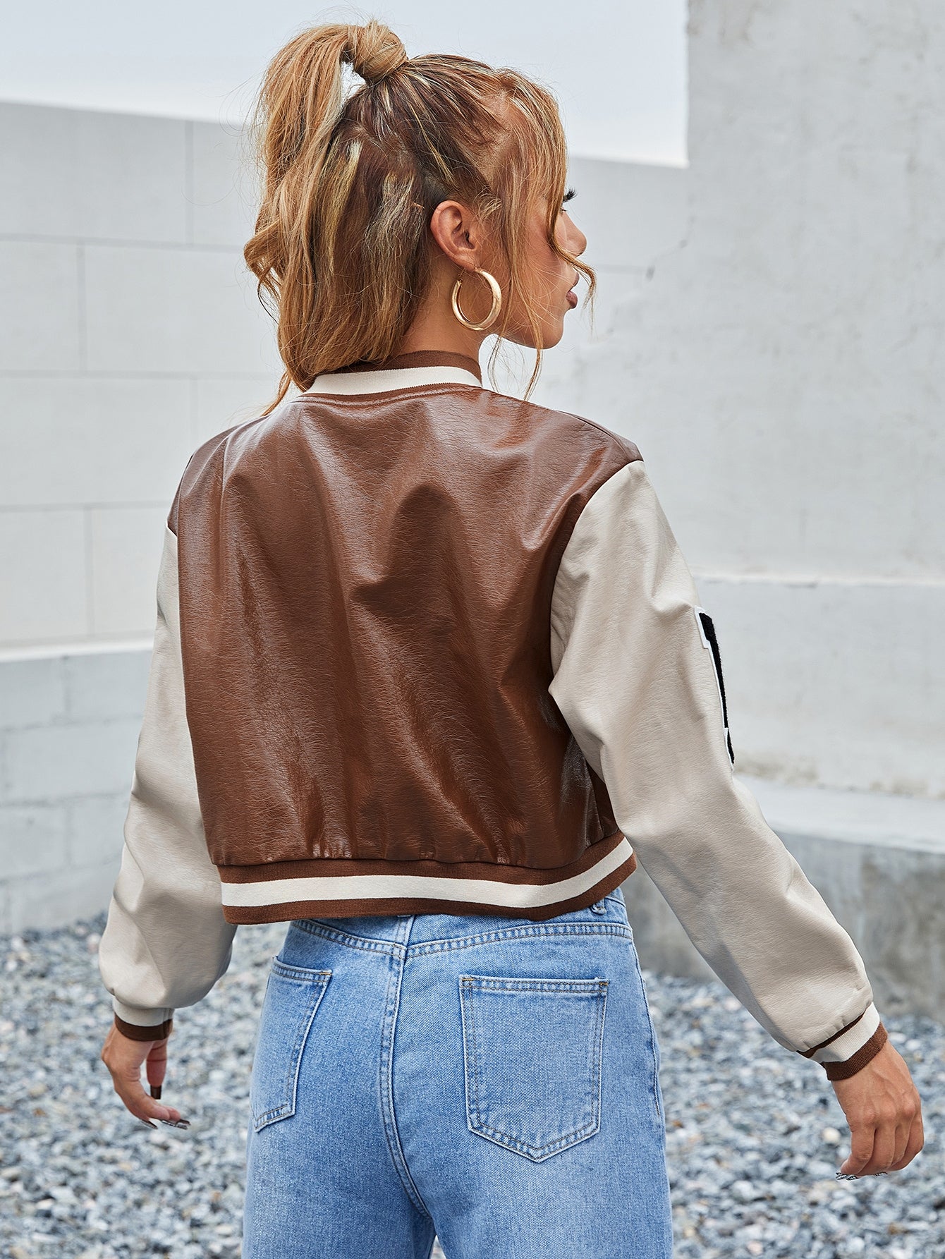Letter Patched PU Leather Bomber Jacket