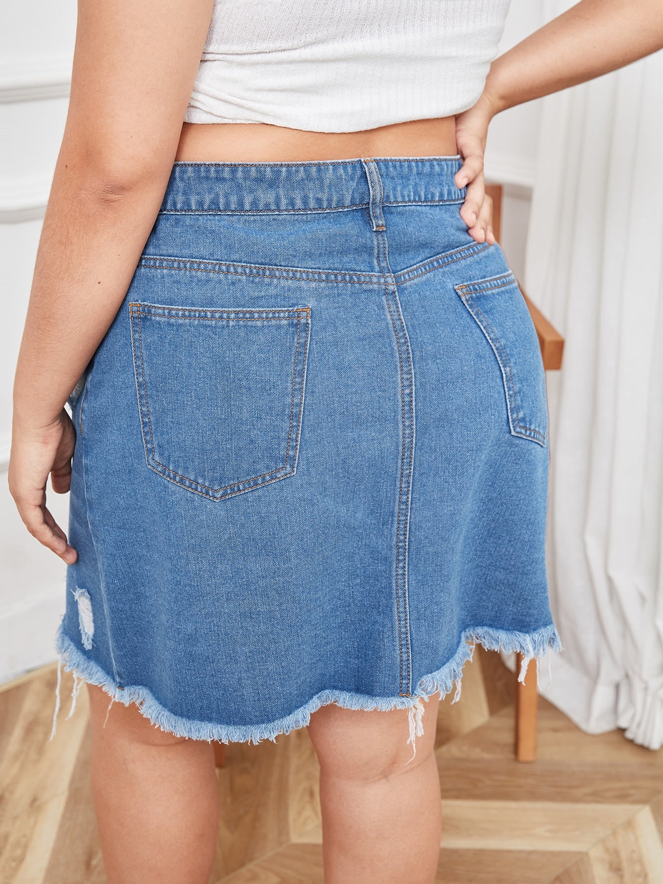 Plus Ripped Raw Trim Single Breasted Denim Skirt